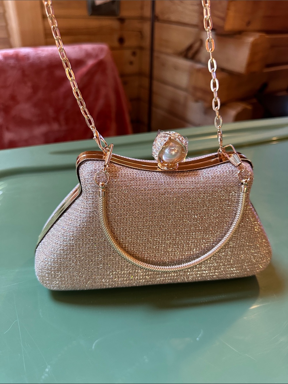 Elegant Gold Evening Clutch with Pearl Accent